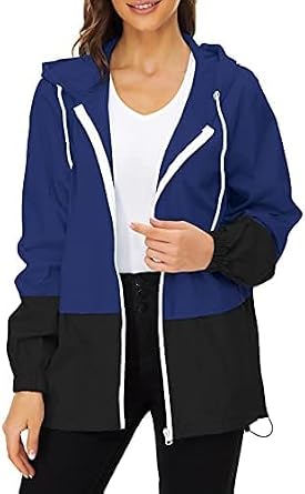 Cdiecer Womens Raincoat Waterproof Windbreaker Hoodie Sunscreen Zipper Jacket Lightweight Outdoor Hiking Color Block Jacket
