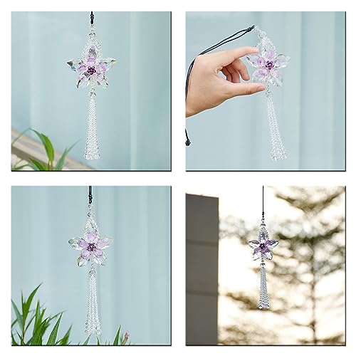 Image of Crystal Flower Car Rear View Mirror Pendant Suncatcher Ornament for Automotive Decoration Accessories Interior Rearview Mirror Hanging Charm, Purple