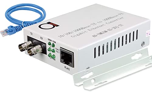 Single Mode ST Gigabit Fiber Media Converter - Built-in Fiber Module 20 km (12.42 Miles) ST – to UTP Cat5e Cat6 10/100/1000 RJ-45 – Auto Sensing Gigabit or Fast Ethernet - Jumbo Frame - LLF Support