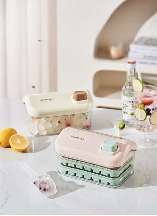 Image of Homecloud 2-Layer Ice Cube Tray with Sealed Lid & Storage Bin - 56 Cubes, BPA-Free, One-Click Release (Pink)