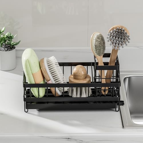 ARTLIB Sponge Holder,Kitchen Sink Caddy Organizer with High Brush Holder, Stainless Steel Kitchen Countertop Organizers and Storage Accessories,Soap Dispenser Organize (Black, 9.65"*3.94"*3.94")