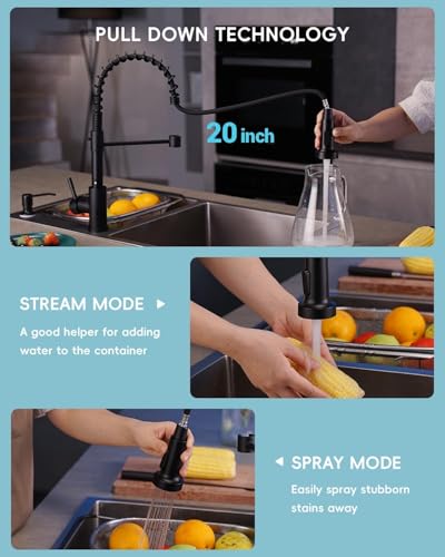 APPASO Black Kitchen Faucet with Soap Dispenser and Pull Down Sprayer, SUS304 Stainless Steel Commercial Single-Handle Spring Faucet for Kitchen Sink, Matte Black - Thumbnail 4