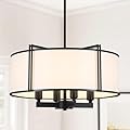 CWarmozy 16.5'' Black Drum Chandelier 4-Light Modern White Fabric Chandeliers for Dining Room Adjustable Farmhouse Pendant Light Fixture for Kitchen Island Living Room Bedroom