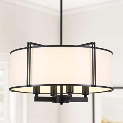 CWarmozy 16.5'' Black Drum Chandelier 4-Light Modern White Fabric Chandeliers for Dining Room Adjustable Farmhouse Pendant Light Fixture for Kitchen Island Living Room Bedroom