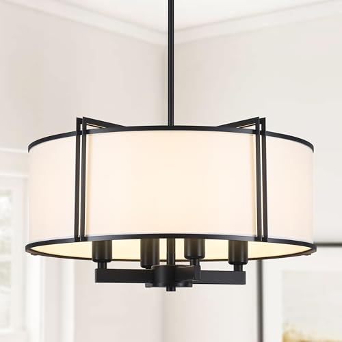 CWarmozy 16.5'' Black Drum Chandelier 4-Light Modern White Fabric Chandeliers