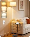 GOEBLESON Floor Lamp with Storage Shelf, 3 Color Temperatures, Memory Function, Standing Lamp with Natural Linen Shade, Pull-Chain Switch, for Living Room, Bedroom, Black and Beige ZBE21LDK05