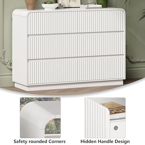 Image of Wodeer White Dresser Fluted 6 Drawers Dresser for Bedroom, 47 inch Wide Wood Chest of Drawers with Hidden Handles & Rounded Corners, Modern TV Stand Storage Cabinet for Living Room, Hallway, Entryway