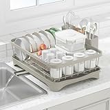 HOMEBOSILY Dish Drying Rack for Kitchen Counter - Space Saving Drying Rack with Drainboard & Utensil Holders, Large Capacity Organizer for Bowls Cups, Countertop Dish Drainer Grey