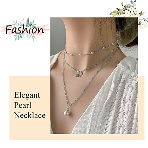 Boho Pearl Layered Necklace Silver Flower Pendant Chains Bohemia Multilayer Beads Adjustable Necklaces Jewelry For Women & Girls, One Size #TOP4