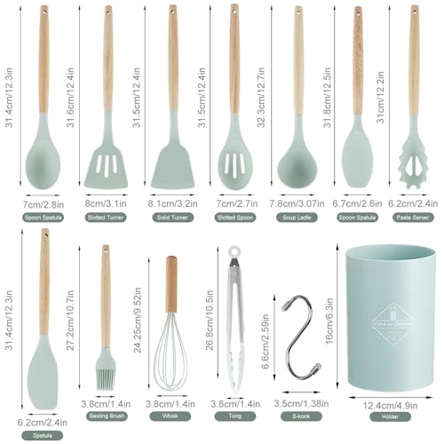 Set di utensili cucina, 12 pezzi, utensili da cucina con manico in silicone e legno, sani, antiaderenti, lavabili in lavastoviglie, design resistente al calore - immagine 5