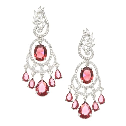 Image of ZENEME Rhodium-Plated American Diamond Studded Oval & Leaf Shaped Drop Earrings For Girls and Women