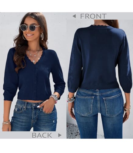 Image of Women Crop Cardigan Sweaters Lightweight 3 /4 Sleeve Button Up Crochet Shrug | Textured Bolero For Dresses Dressy Casual, V Neck, Ladies Eyelet Shawl Thin Trendy