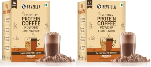 Image of Bevzilla Everyday Protein Instant Coffee Powder Sachets |160 GM(16x10g)| 5g Protein Each | Arabica Coffee | No Added Sugar | Hot & Cold Coffee Premix for Energy & Fitness (Pack of 2)