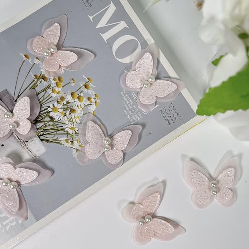 15pcs Pearl Organza Butterfly Embroidered Lace Trim,Double Layers Butterfly Wedding Appliques Sewing Lace for DIY Craft Wedding Bride Hair Dress Hat Accessories (Pink)