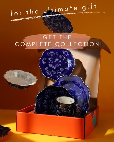 Kunaboo Artisanal Small Ceramic Plates, Salad Plates, Dessert Plates Ceramic Plates Set Of 6-7.5” - Sakura Floral Series Midnight Blue - Ready To Wrap Gift #TOP5