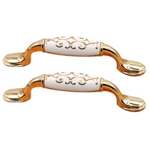 Creatwls 2pcs Porcelain Modern Style Bedroom Door Cabinet Cupboard Drawer Knob Home Decoration Pull Handle, White Ceramic Gold Zinc Alloy Handle Cover