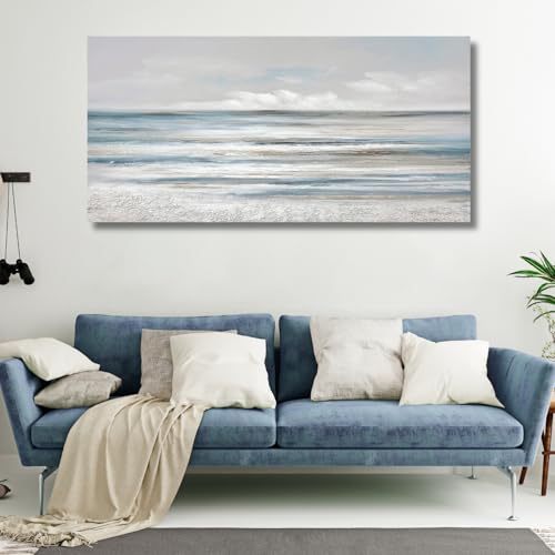 TRAIN2 ART Abstract Wall Art Modern Coastal Wall Decor Textured Blue and White Sea Background Canvas Wall Art for Living Room Bedroom Kitchen Office 20"x40" - Image 2