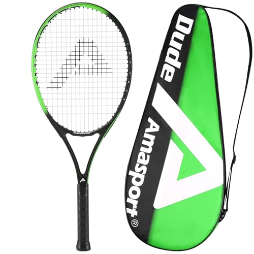 AMA SPORT Pro Dude - Raquetas de tenis de 27 pulgadas, raqueta de tenis compuesta de carbono, raqueta de tenis intermedia para principiantes, preencordada, color verde