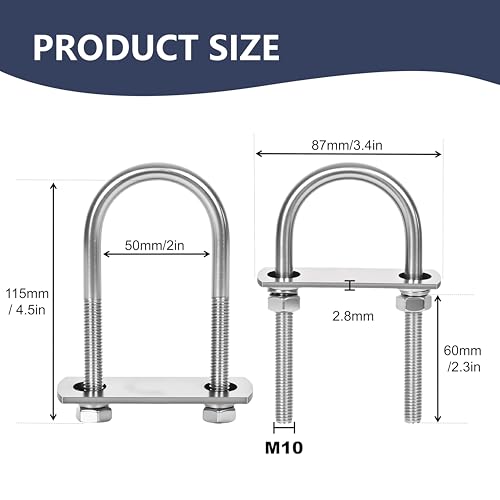 Image of 2 Sets M10 U-Bolts,u-Bolts 2 inch (50mm) Wide,U-Bolts with Nuts