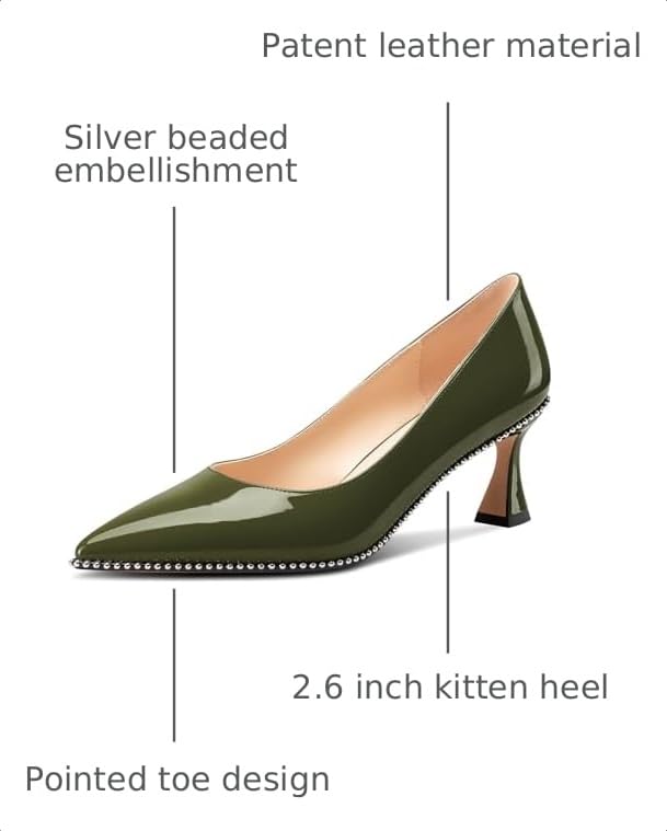 Image of TNYNFBEB Womens Kitten Heel Pointed Toe Pumps Slip-on Sliver Beaded Prom Wedding Dress Basic Classic Patent Leather Summer 2.6 Inches Heels