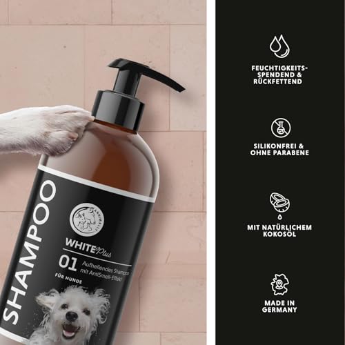 Annimally White Plus Shampoo - Natürliches Hundeshampoo für weißes Fell mit Kokosöl & Zuckertensid, geruchs- und ph-neutral, ohne Bleichmittel & Parfüm - 500 ml