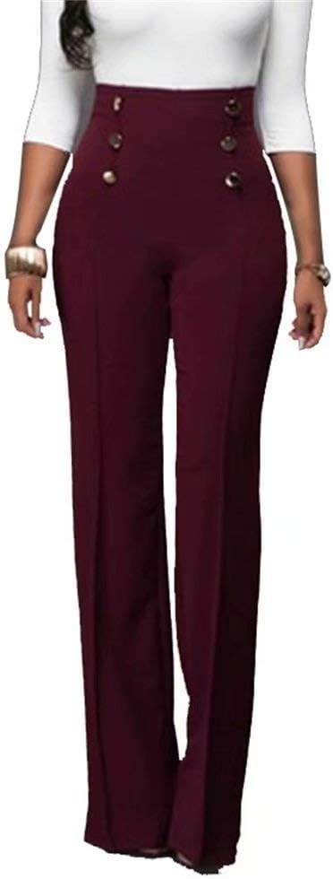 LROSEY Women's Sexy Button Down Stretchy Straight Leg High Waisted Long Pants Flare Trousers Plus Size Wine