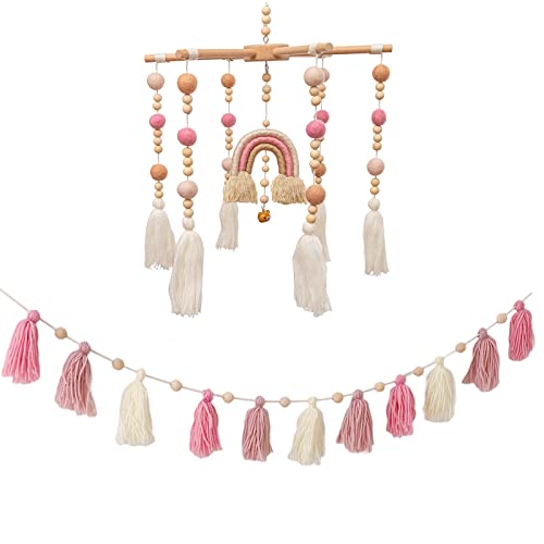 Image of Baby Mobile for Crib, HBM Rainbow Baby Crib Mobile Boho Celling Mobile,Nursery Decor Baby Shower Gift for Boys & Girls (Pink)