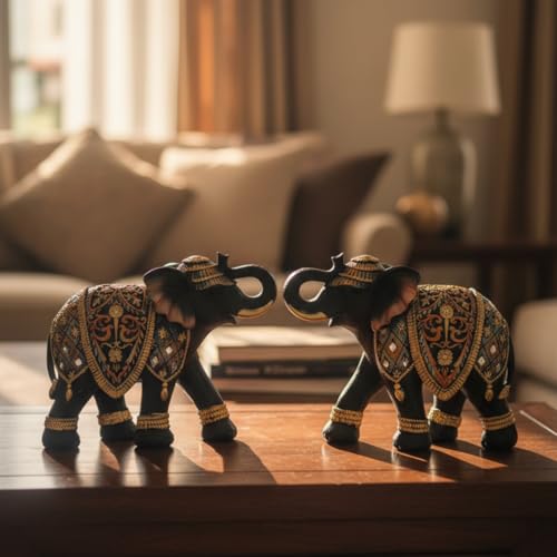 Image of eCraftIndia Set of 2 Elephant Statue Showpiece for Home Decor Office Table | Animal Figurines Good Luck Gift for Housewarming Birthday