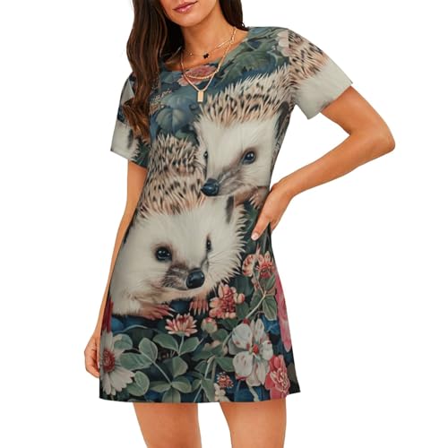 Chemise de nuit légère pour femme avec imprimé hérissons floraux