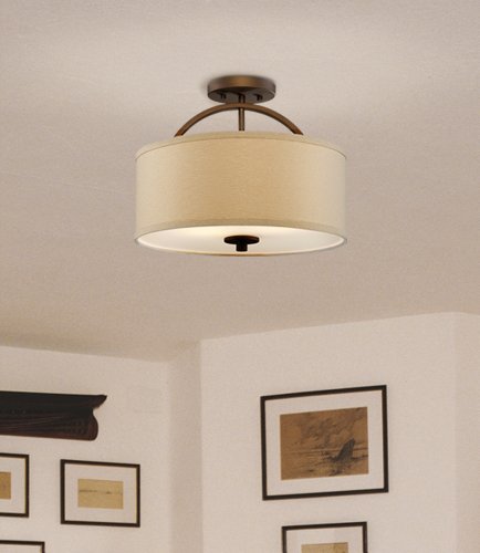 Possini Euro Design Halsted Mid Century Modern Ceiling Light Semi-Flush Mount Fixture Brushed Bronze 15" Wide Oatmeal Linen Drum Shade For House Bedroom Hallway Living Room Bathroom Dining Kitchen #TOP1