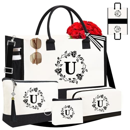 Image of Personalized Tote Bags for Women, 4pcs Monogram Tote Bags, Double-sided Embroidery Initial Tote Bag Birthday Gifts