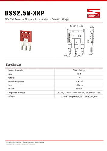 Dinkle Dss2.5N-02P Din Rail Terminal Block Press-Fit Jumper Dk2.5N Two Pole, Pack Of 20 #TOP2