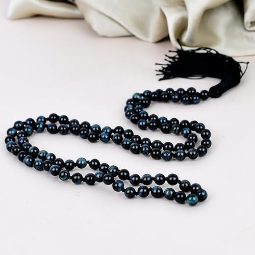Collier de méditation œil de chat bleu naturel et œil de tigre noué main