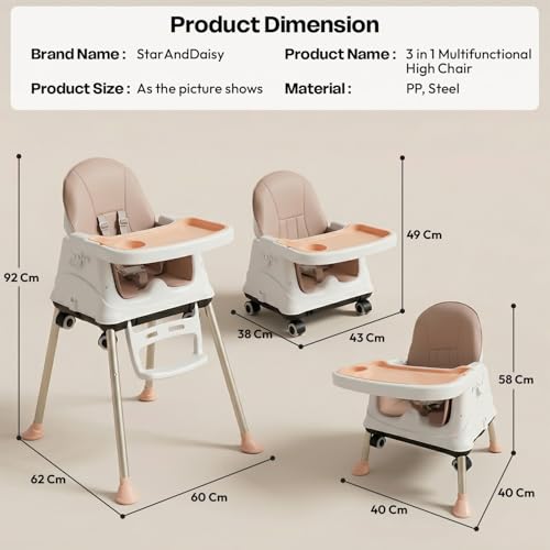 Image of StarAndDaisy High Chair for Baby /Baby Feeding Chair for 0 to 5 Years with 4 in-1 Multifunctions /High Chair with Height Adjustable,Wheels, Detachable Tray & 3-Point Safety Belt.