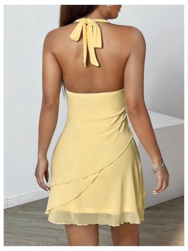 WDIRARA Women's Sleeveless Tie Backless Halter Dress Wrap Lettuce Trim Short Dress2