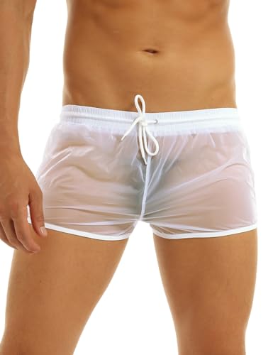 Freebily Herren Boxershorts tranaparent Badeshorts Kurze Badehose Locker Retroshorts Biknihose Unterhose Unterwäsche in Gr.M-XL Weiß L