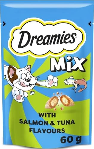 Image of Dreamies Cat Treats, Tasty Snacks with Scrumptious Salmon and heavenly Tuna, 8 Pouches of 60 g