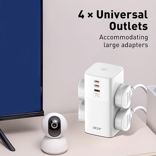 Image of Acer PowerHub Tower | AC Socket + 4 USB Ports (2 Type-C PD + 2 Type-A) | 70W Fast Charging, 2500W Output | Desktop Power Adapter | Surge Protection | Travel Ready | Overload Protection