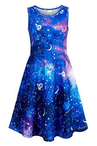 Belovecol Girls Purple Galaxy Floral Print Sleeveless Casual Dress, Age 10-13 Years, Knee-Length