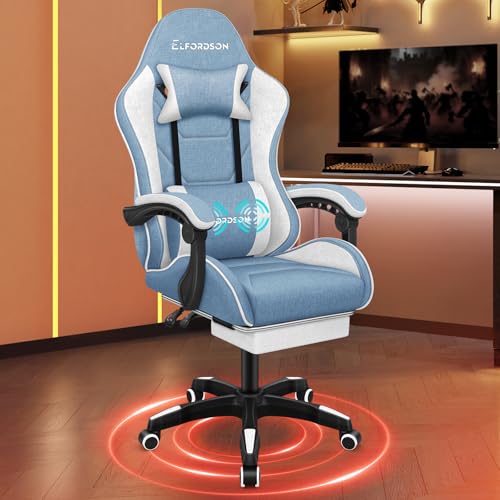 ELFORDSON Gaming Chair with 2-Point Massage Lumbar Cushion, High Back PC Computer Game Chair, 150° Reclining Office Chair with Headrest & Footrest, 360° Swivel, Fabric, Blue - Home, Esports