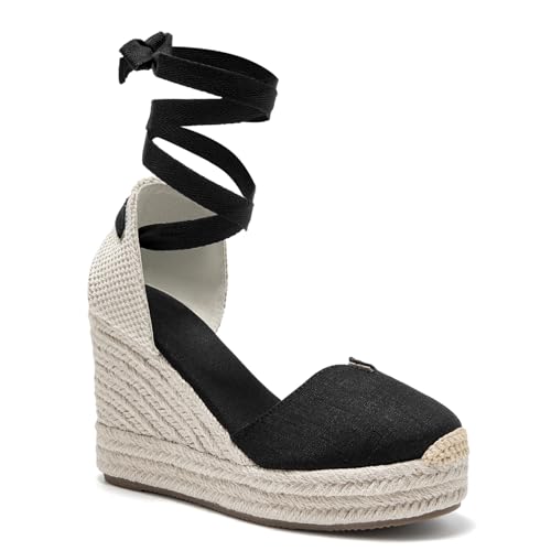 Image of Womens Espadrille Wedge Sandals Closed Toe Platform Lace Up Ankle Strap Slingback Summer Dress Shoes