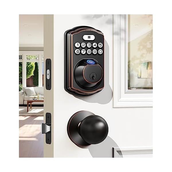 Veise Fingerprint Door Lock with 2 Door Knobs - Keyless Entry Door Lock with Handle, Electronic Keypad Deadbolt Smart Front Door Lock Set, Auto Lock, Waterproof, Easy Installation, Oil Rubbed Bronze