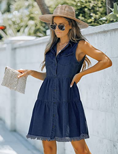 Image of luvamia Women's Casual Summer Lapel Sleeveless Button Down Short Denim Jean Dress