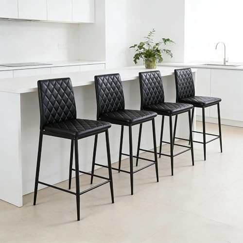 Warmiehomy Breakfast Bar Stools Set of 4, PU Leather Kitchen Island Tall Bar Chairs & Stool with Back, Modern Barstools High Stools for Kitchen Counter, Dining Room, Pub, Bistro, Cafe, Black