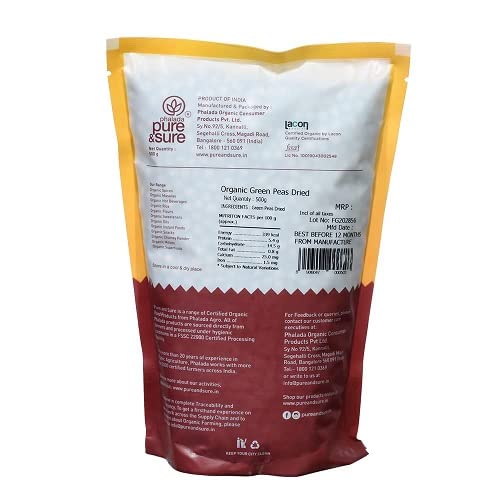 Image of Pure & Sure Organic Green Peas (Matar) Dry 500G | 100% Natural Hara Matar, Vatana | Unpolished & Unadulterated | Healthy and Rich in Fiber & High Protein| Steam Sterilized (Pack of 3)