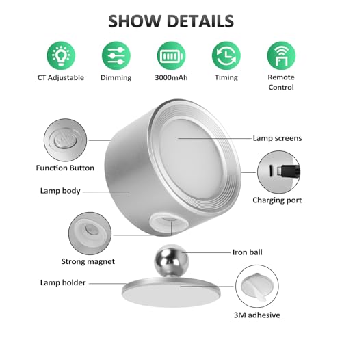 Image of Racokky LED Wall Sconces 2 Pcs with Remote, Wall Lights 3000mAh Rechargeable Battery Operated, 3 Color Temperatures & Dimmable Wall Lamp Magnetic 360 Rotation Light for Bedroom Living Room(Silver)