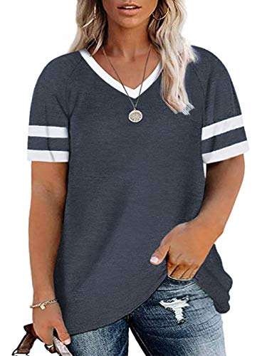 Plus Size Tops for Women 3XL V Neck T-Shirts Casual Color Block Tunics Navy Blue 24W