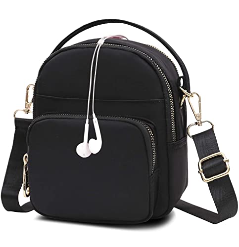 Small Crossbody Purse for Women, Cellphone Purse Crossbody,Mini Travel Nylon Shoulder Bag Multi Zipper Pockets (A - Black)
