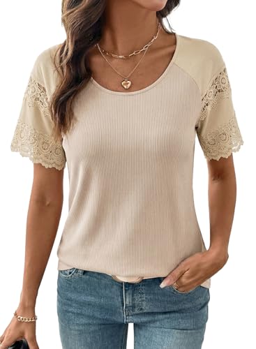 Image of EVALESS Womens Summer Tops Dressy Casual Spring Ribbed Texture Embroidery Short Sleeve Crewneck T Shirts