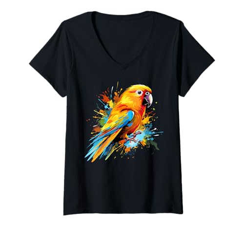 Mujer Sun Conure Parrot Lover Colorido Splash Art Camiseta Cuello V